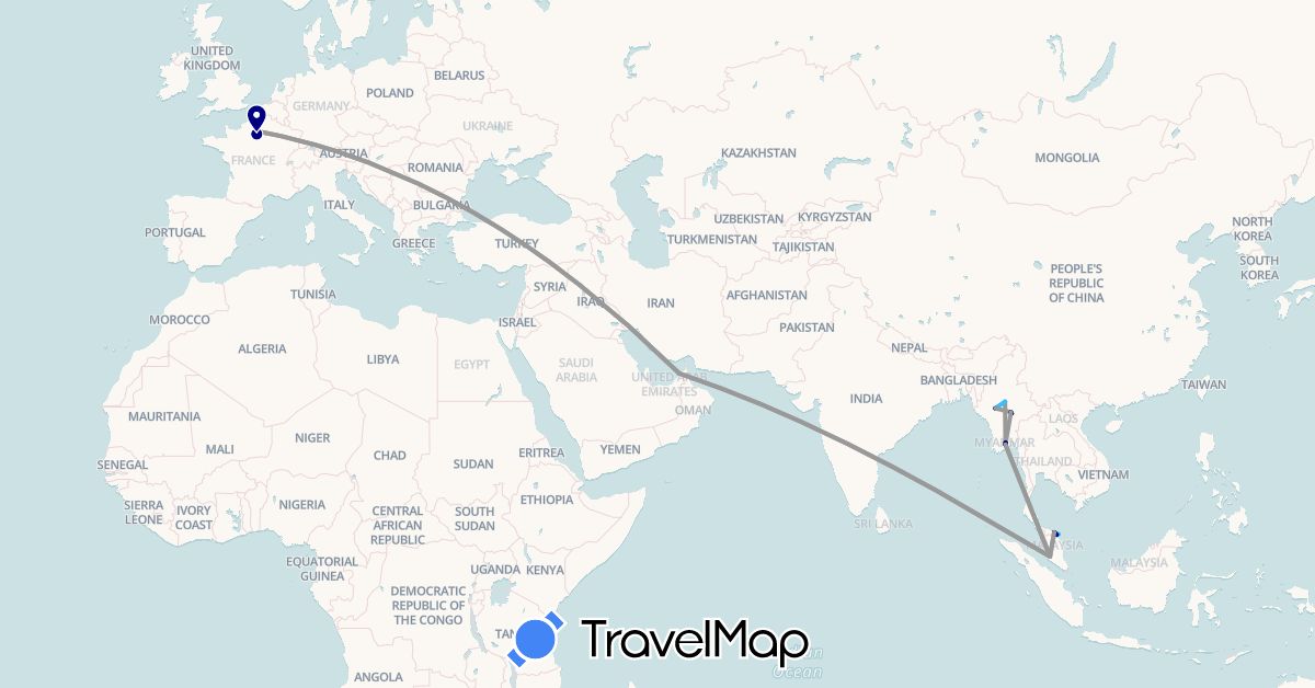 TravelMap itinerary: driving, plane, boat in United Arab Emirates, France, Myanmar (Burma), Malaysia (Asia, Europe)